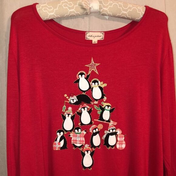 cloth & portrait L Penguins Christmas Tree Sleep Pajama Long Sleeve High Low T - Picture 1 of 10